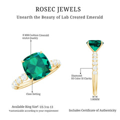 Certified Lab Grown Emerald Cushion Cut Engagement Ring with Diamond Side Stones