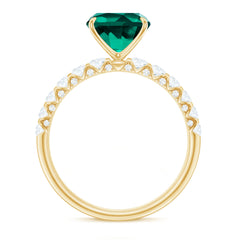 Certified Lab Grown Emerald Cushion Cut Engagement Ring with Diamond Side Stones