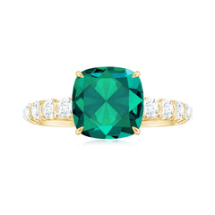 Certified Lab Grown Emerald Cushion Cut Engagement Ring with Diamond Side Stones