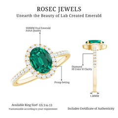 Classic Lab Grown Emerald Oval Engagement Ring with Diamond Halo