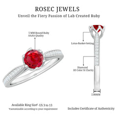 1 CT Round Shape Created Ruby Solitaire Engagement Ring with Diamond