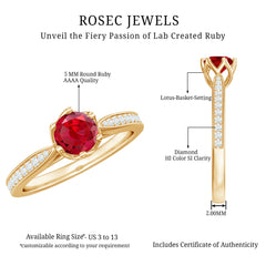 1 CT Round Shape Created Ruby Solitaire Engagement Ring with Diamond