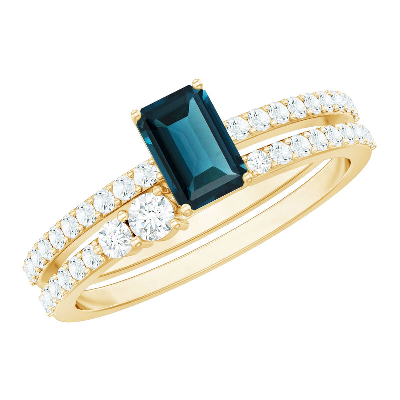 4X6mm Emerald Cut London Blue Topaz Wedding Ring Set with Diamond