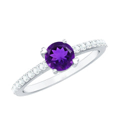 1 CT Round Shape Solitaire Amethyst Designer Promise Ring with Diamond