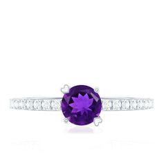 1 CT Round Shape Solitaire Amethyst Designer Promise Ring with Diamond