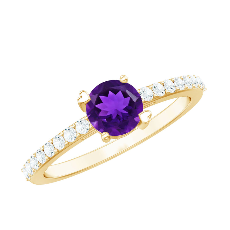 1 CT Round Shape Solitaire Amethyst Designer Promise Ring with Diamond