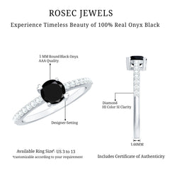 Round Black Onyx Promise Ring with Diamond Side Stones