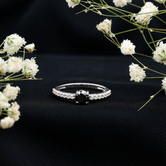 Round Black Onyx Promise Ring with Diamond Side Stones