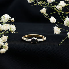 Round Black Onyx Promise Ring with Diamond Side Stones