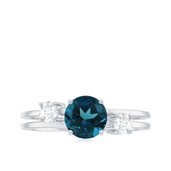 7mm Round London Blue Topaz Double Band Engagement Ring with Diamond