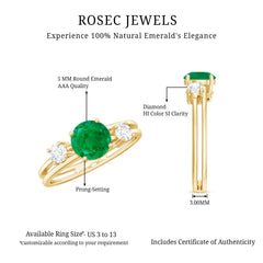 Natural Emerald Diamond Three Stone Engagement Ring