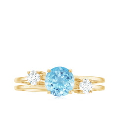 Double Band Engagement Ring with Aquamarine and Diamond