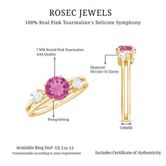 1 CT Genuine Pink Tourmaline Solitaire Double Band Ring with Diamond