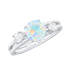 Natural Ethiopian Rainbow Opal Diamond Three Stone Engagement Ring