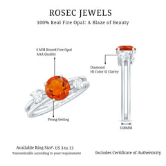 Double Band Engagement Ring with Fire Opal and Diamond