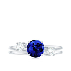Certified 1 Carat Lab Grown Blue Sapphire Double Band Engagement Ring with Diamond