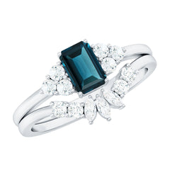4X6mm Emerald Cut London Blue Topaz Designer Bridal Ring Set with Diamond