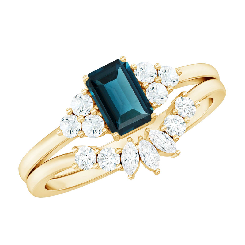 4X6mm Emerald Cut London Blue Topaz Designer Bridal Ring Set with Diamond