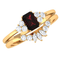 Genuine Garnet Diamond Emerald Cut Engagement Wedding Ring Set of 2