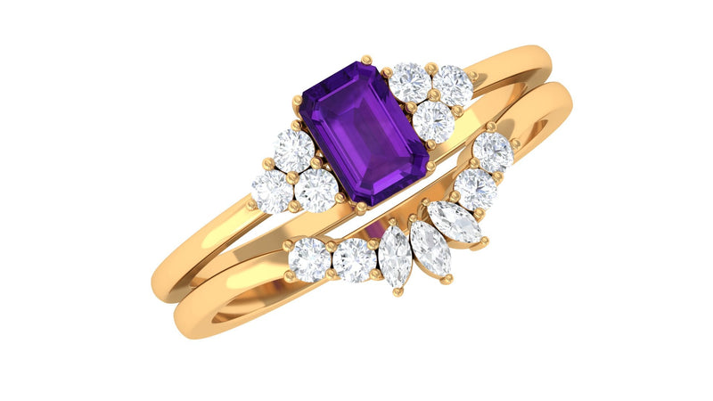 Octagon Amethyst Solitaire Stackable Ring Set with Diamond