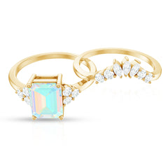 Certified Real Ethiopian Opal Diamond Emerald Cut Engagement Ring with Enhancer