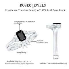 Emerald Cut Black Onyx Engagement Ring with Diamond Wedding Band