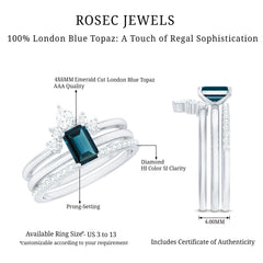 4X6mm Emerald Cut London Blue Topaz Solitaire Trio Ring Set with Diamond