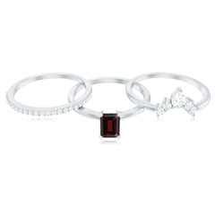Natural Emerald Cut Garnet Diamond 3 Piece Wedding Ring Set