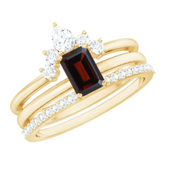 Natural Emerald Cut Garnet Diamond 3 Piece Wedding Ring Set
