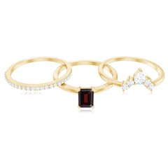 Natural Emerald Cut Garnet Diamond 3 Piece Wedding Ring Set