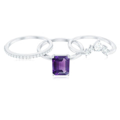 Octagon Amethyst Solitaire Ring Set of 3 with Moissanite