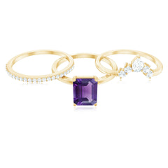 Octagon Amethyst Solitaire Ring Set of 3 with Moissanite