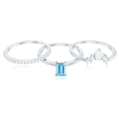 Octagon Aquamarine Solitaire Ring Set of 3 with Diamond