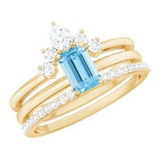 Octagon Aquamarine Solitaire Ring Set of 3 with Diamond