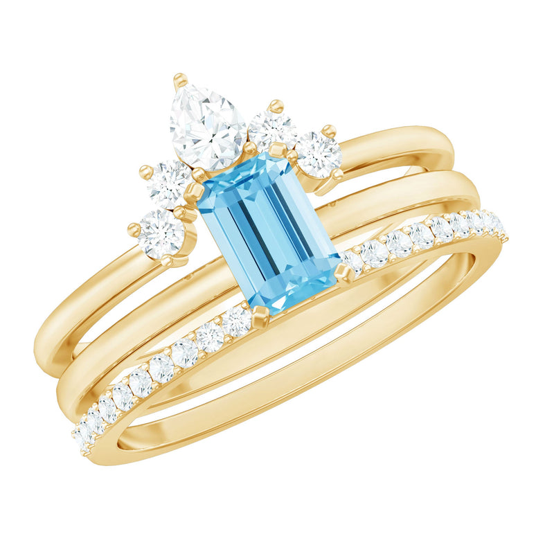 Octagon Aquamarine Solitaire Ring Set of 3 with Diamond