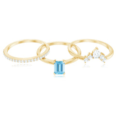 Octagon Aquamarine Solitaire Ring Set of 3 with Diamond