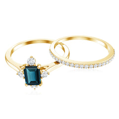 4X6mm Emerald Cut London Blue Topaz Wedding Ring Set with Diamond Band