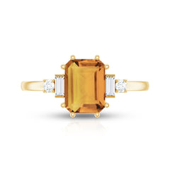 Certified Natural Citrine Emerald Cut Engagement Ring with Diamond