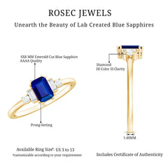 Certified 1.75 Carat Lab Grown Blue Sapphire Emerald Cut Engagement Ring with Diamond
