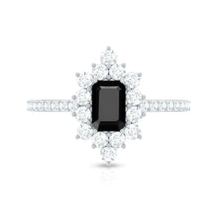 Emerald Cut Created Black Diamond Halo Engagement Ring with Diamond