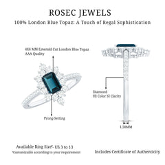 4X6mm Emerald Cut London Blue Topaz Antique Looking Engagement Ring with Diamond Halo
