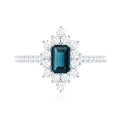 4X6mm Emerald Cut London Blue Topaz Antique Looking Engagement Ring with Diamond Halo