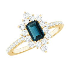 4X6mm Emerald Cut London Blue Topaz Antique Looking Engagement Ring with Diamond Halo