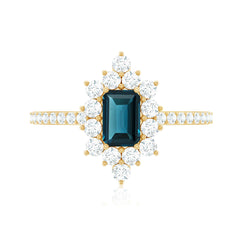 4X6mm Emerald Cut London Blue Topaz Antique Looking Engagement Ring with Diamond Halo