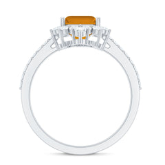 Vintage Looking Citrine Emerald Cut Engagement Ring with Halo