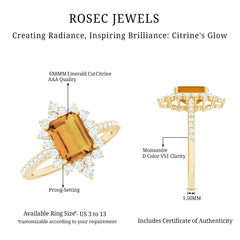 Vintage Looking Citrine Emerald Cut Engagement Ring with Halo