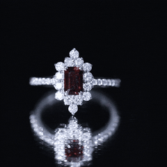 Vintage Inspired Garnet Emerald Cut Engagement Ring with Diamond Halo