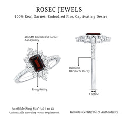 Vintage Inspired Garnet Emerald Cut Engagement Ring with Diamond Halo