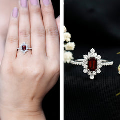 Vintage Inspired Garnet Emerald Cut Engagement Ring with Diamond Halo
