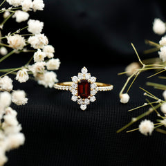 Vintage Inspired Garnet Emerald Cut Engagement Ring with Diamond Halo